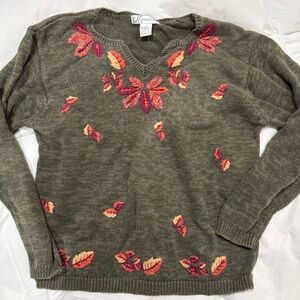 Dressbarn Olive V-Neck Sweater with Red Leaf Design